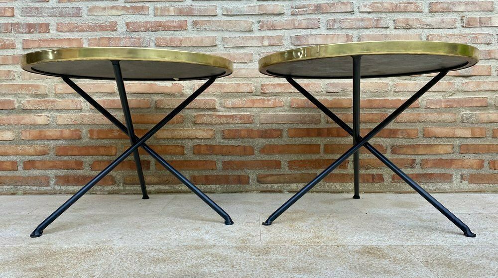 Mid Century Italian Side Tables In Brass And Iron With Marble Top Set Of Two photo for sale