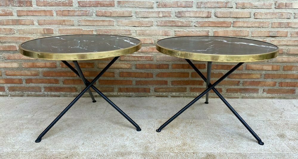 Mid Century Italian Side Tables In Brass And Iron With Marble Top Set Of Two photo vintage