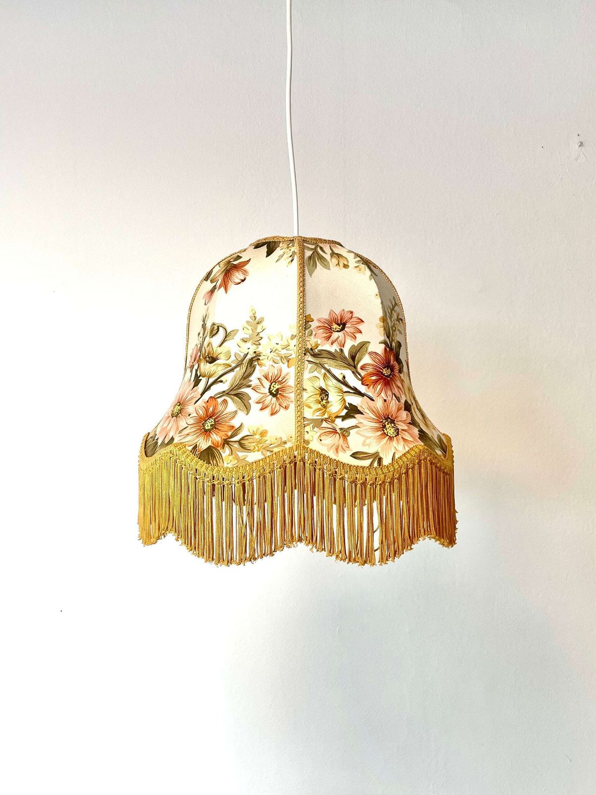 Beautiful Danish Vintage Ceiling Lamp From The 1950s With Flower Patternes Fabric Shade And Golden Fringes photo buy