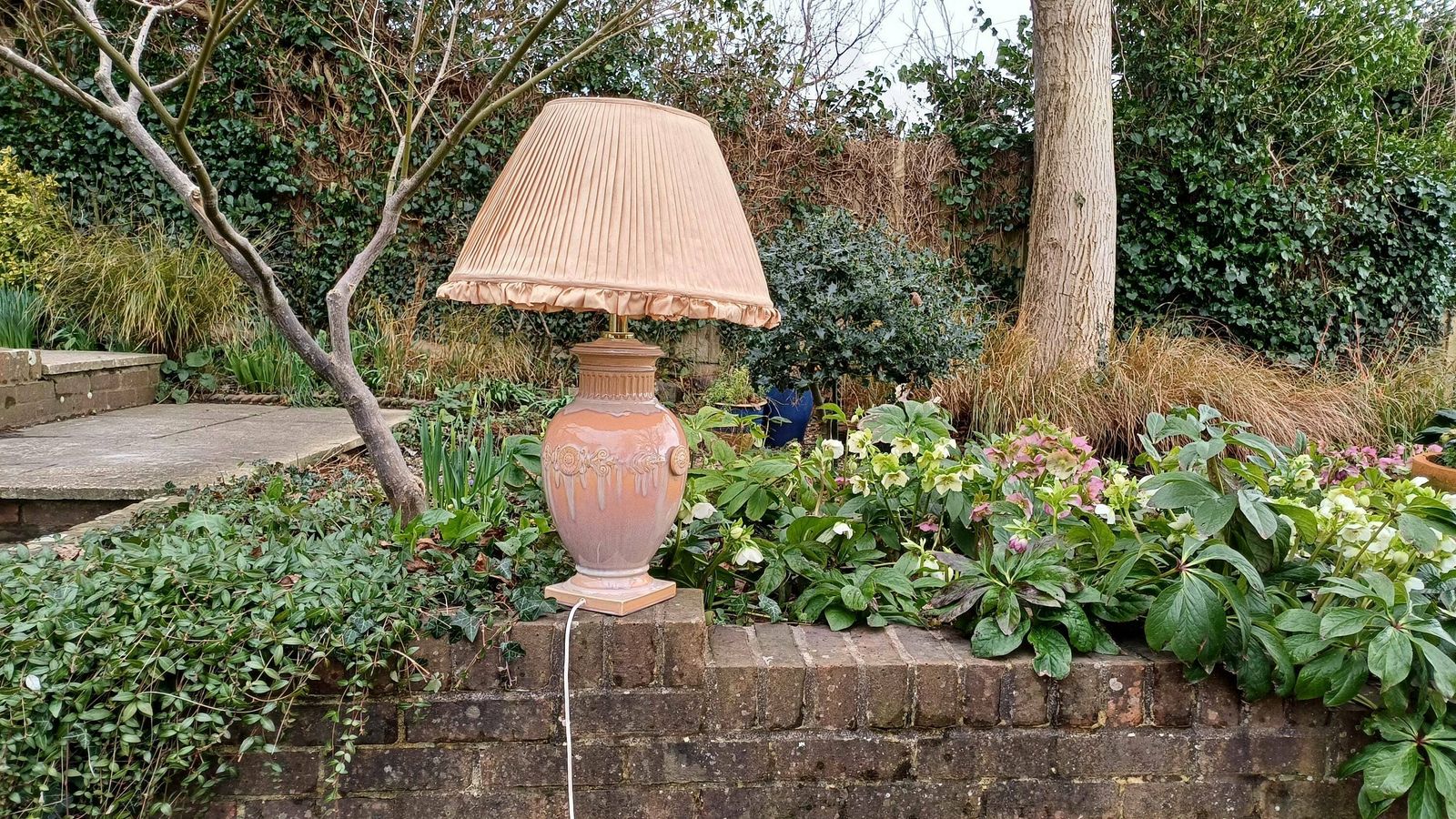 Huge Heavy Ceramic Lamp Glazed Pottery Lustre Finish And Glaze. Pleated Silk Effect Lampshade.