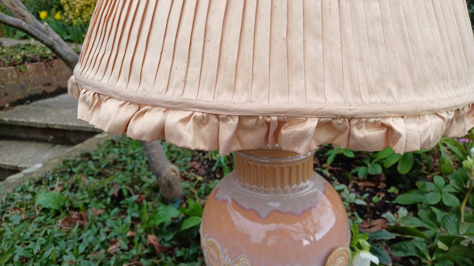 Huge Heavy Ceramic Lamp Glazed Pottery Lustre Finish And Glaze. Pleated Silk Effect Lampshade. photo for sale