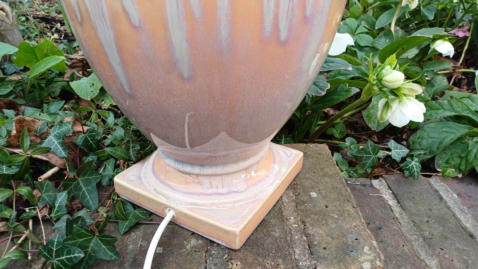 Huge Heavy Ceramic Lamp Glazed Pottery Lustre Finish And Glaze. Pleated Silk Effect Lampshade. photo vintage
