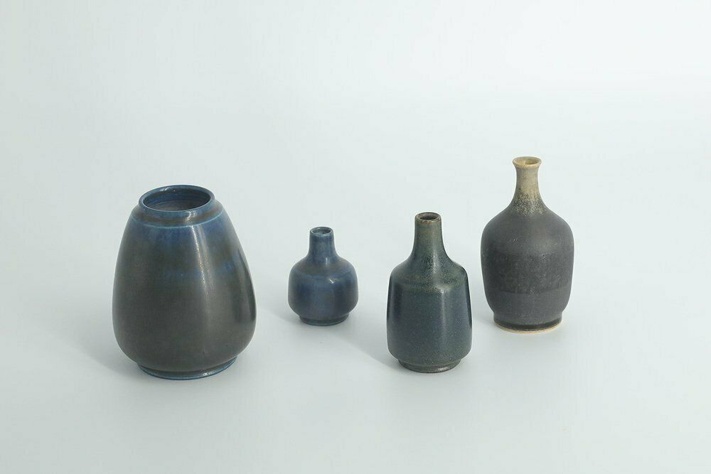Small Mid Century Scandinavian Modern Collectible Blue & Brown Stoneware Vase By Gunnar Borg For Gunnars Keramik Höganäs, 1960s, Set Of 4 photo furniture