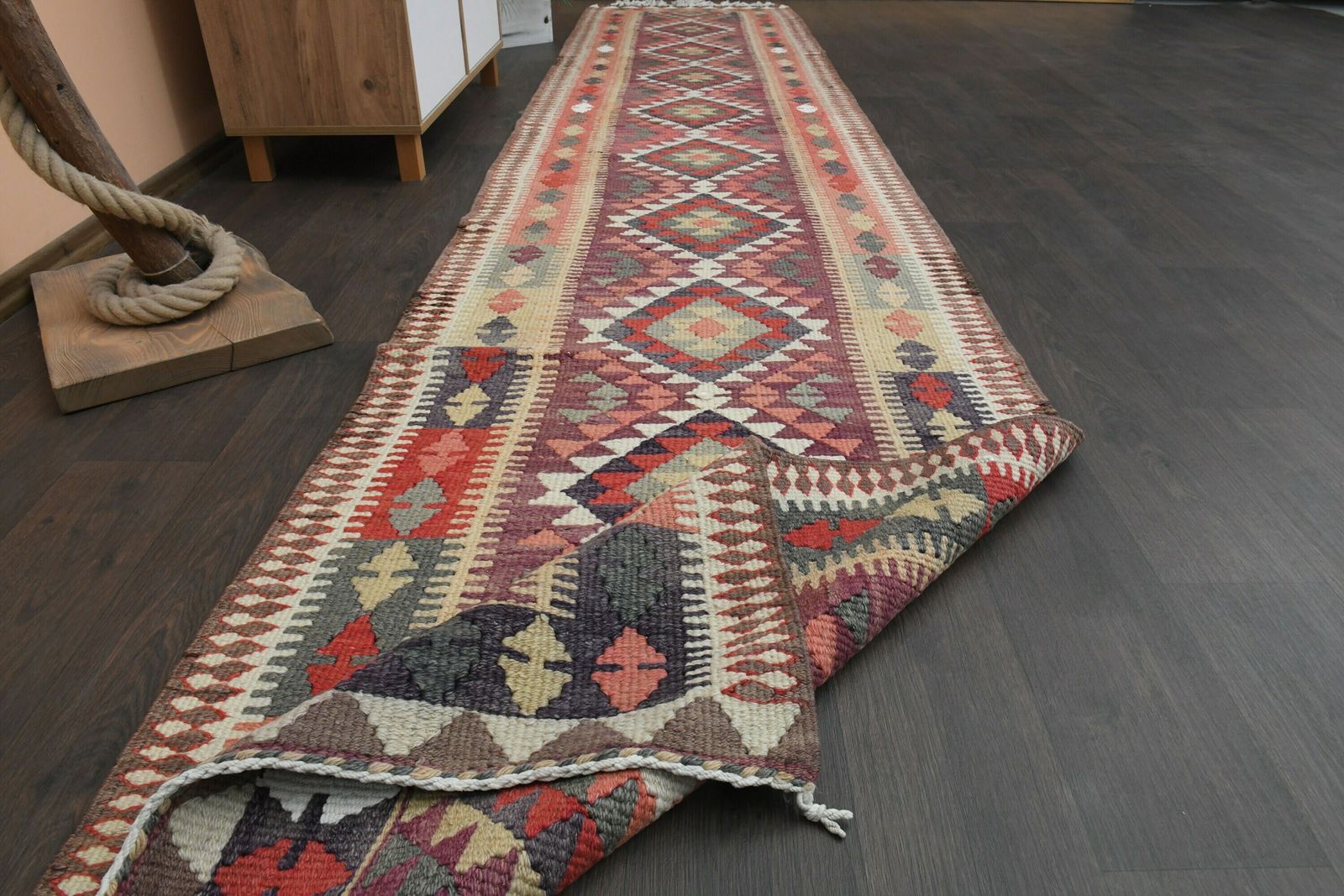 3x14 Puple Beige Turkish Rug, Handmade Vintage Wool Rug, Oushak Runner, 3x14 Runner Rug, Kitchen Rug, Hallway Rug, Antique Rug, 2.9x14.0 Ft