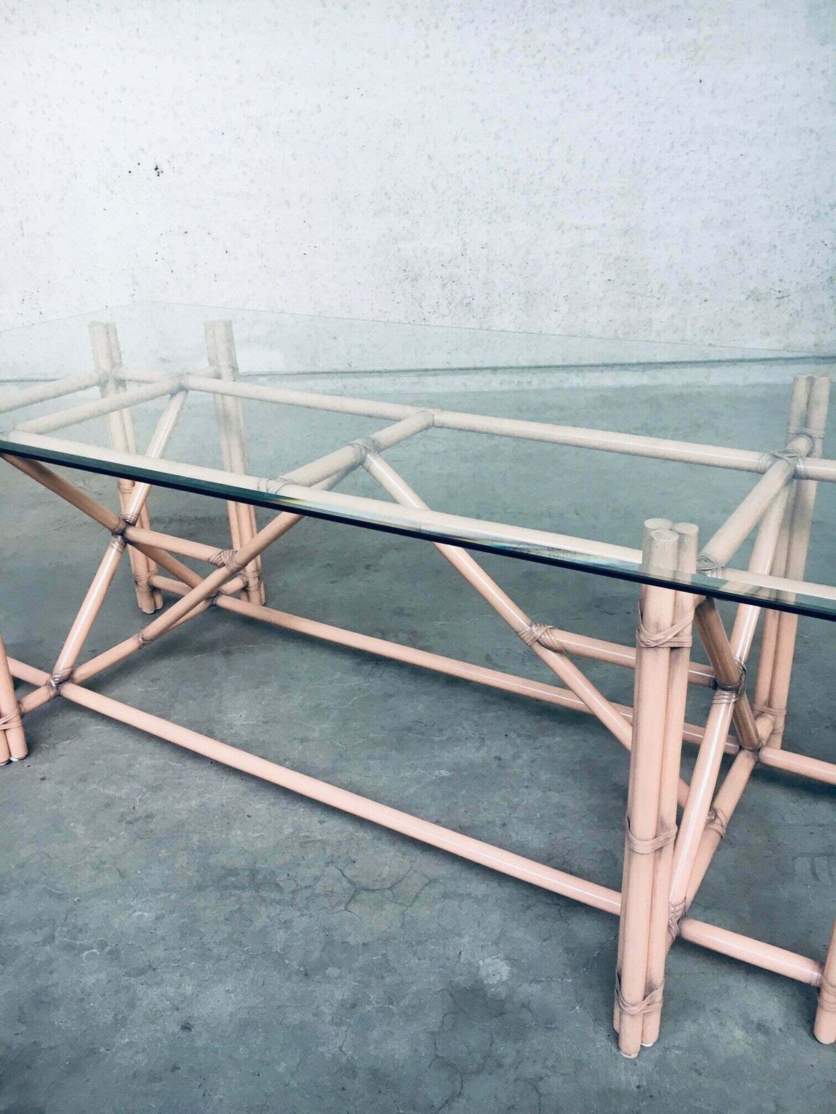 photo for sale Organic Monumental Faux Bamboo Glass Top Dining Table In The Style Of Mcguire