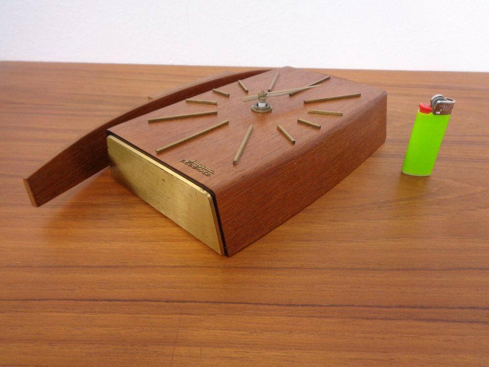 377.0 Teak & Brass Dugena Electric Wall Clock, Germany, 1960s photo