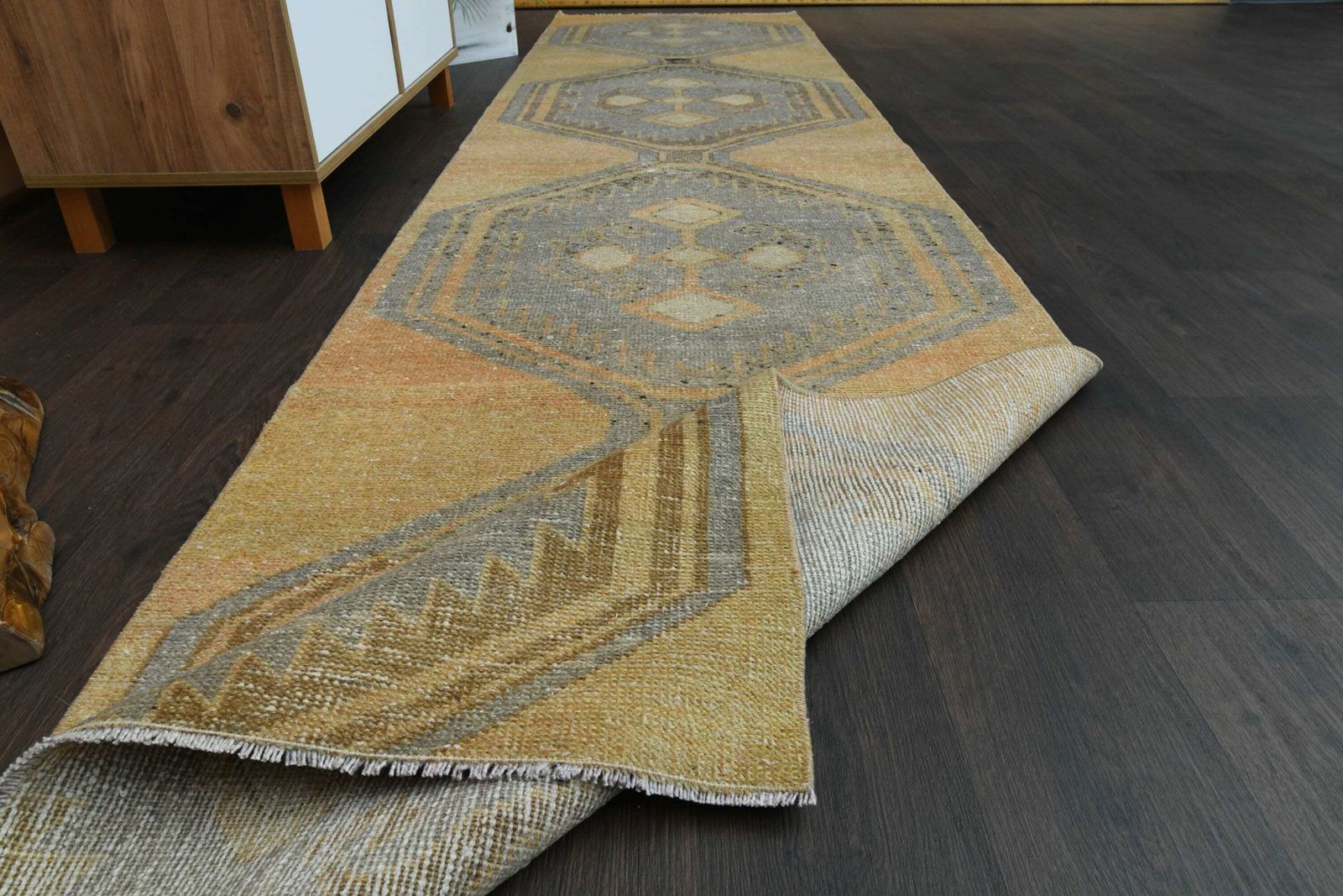 2.8x11.7 Ft Turkish Runner, Oushak Runner, Wool Rug, Hallway Rug, Vintage Runner, Kitchen Runner, 3x12 Runner Rug, Entryway Rug, Antique Rug photo furniture