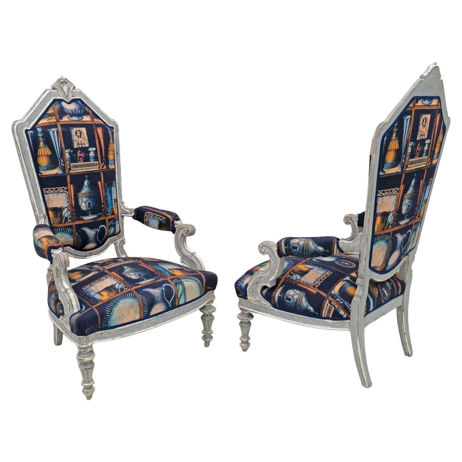 Pair Of Italian Neoclassical Armchairs With Fornasetti Linen Fabric