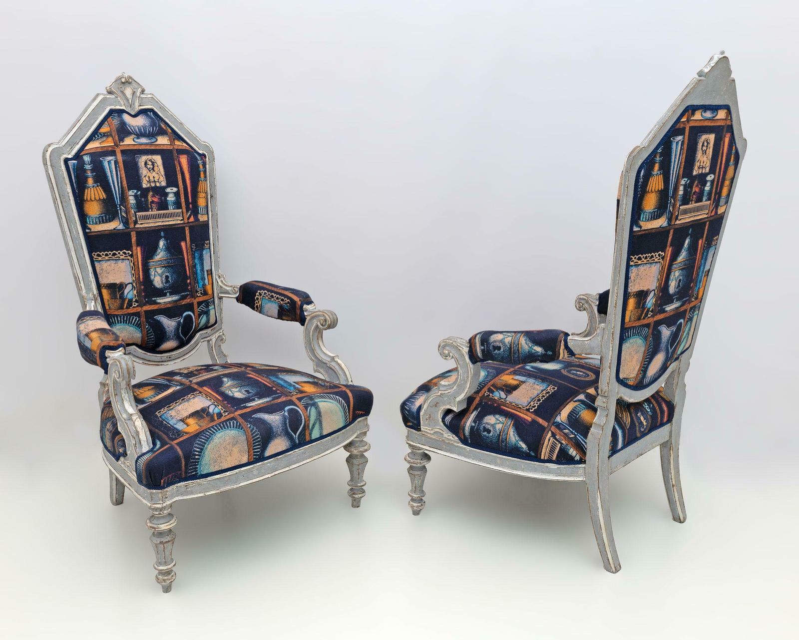Pair Of Italian Neoclassical Armchairs With Fornasetti Linen Fabric photo furniture