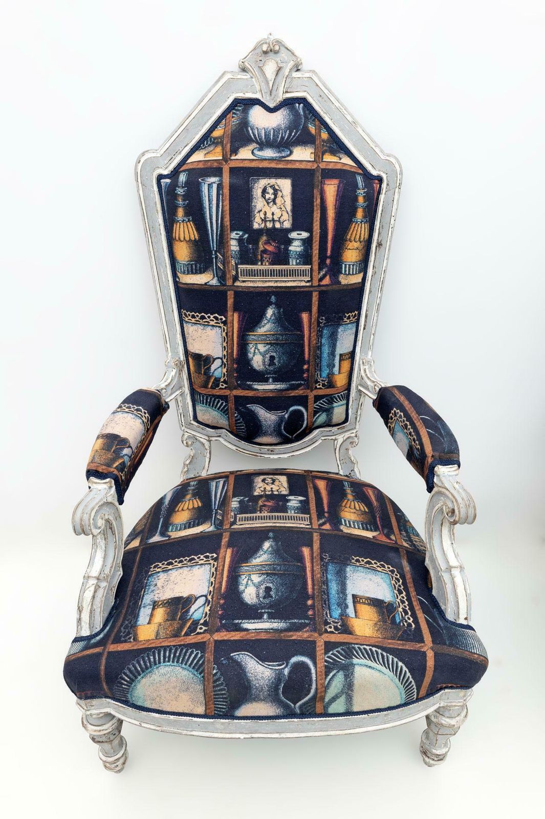 Pair Of Italian Neoclassical Armchairs With Fornasetti Linen Fabric photo Furniture