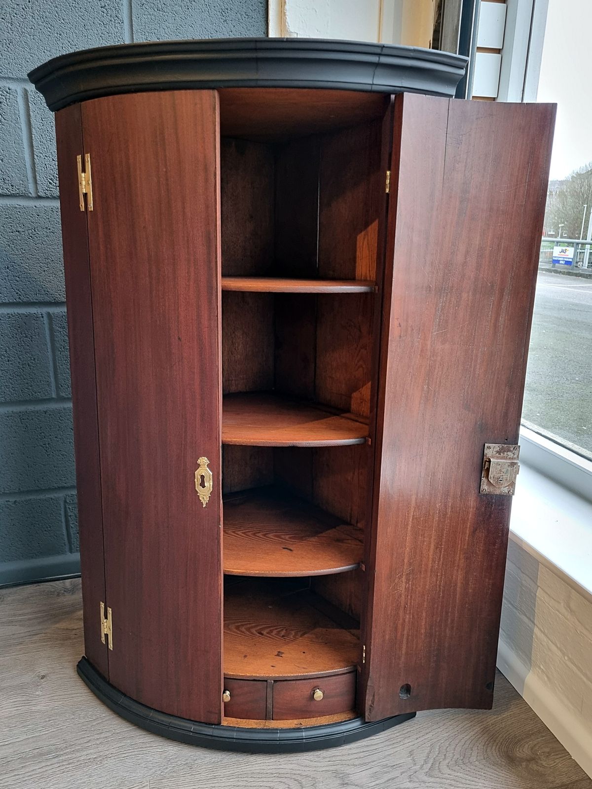 Antique George III Mahogany Hanging Bow Front Corner Cabinet Apothecary photo for sale