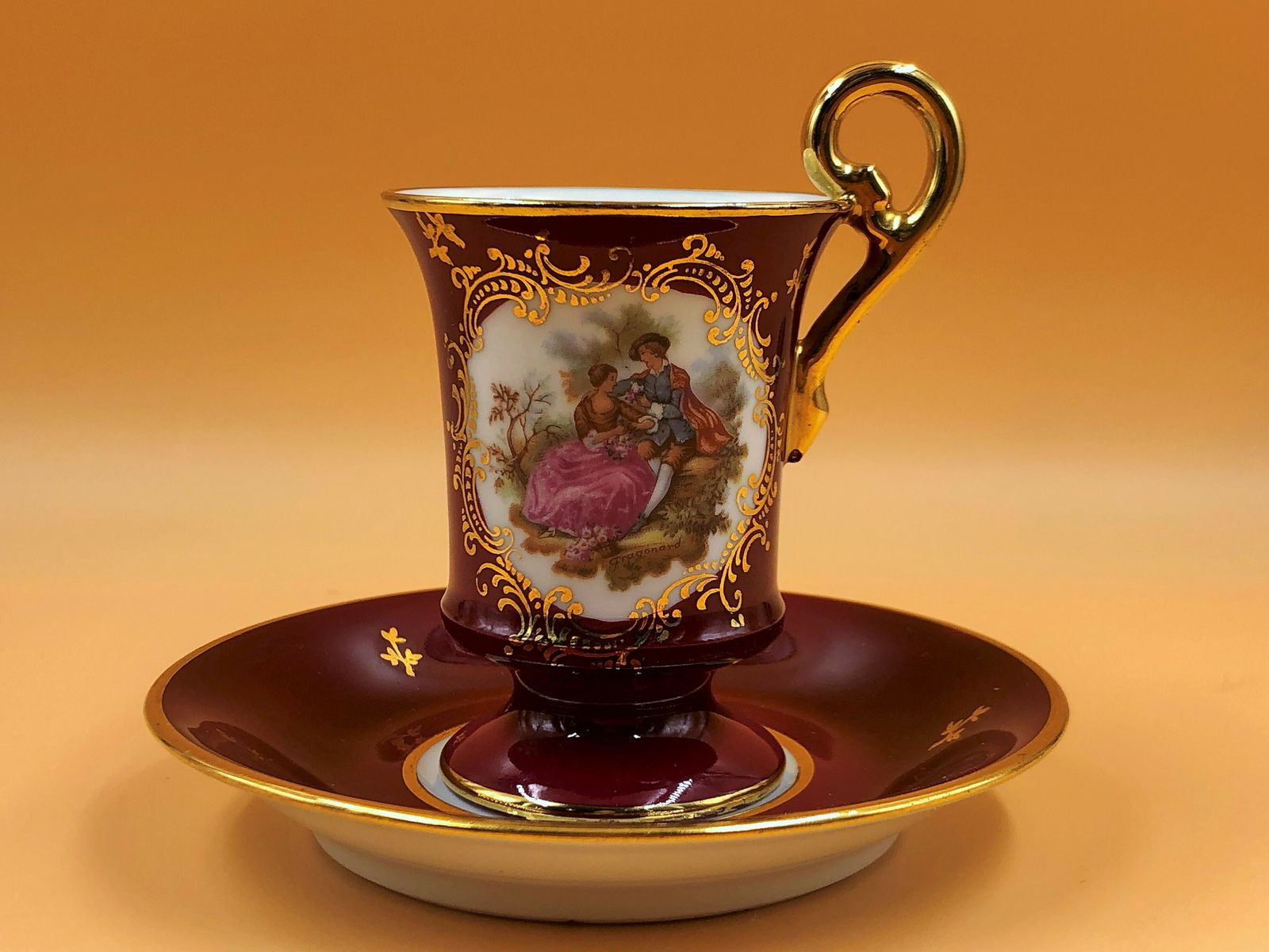 Giraud Limoges Porcelain Fragonard Courting Couple Demitasse / Chocolate Cup And Saucer Duo. photo 75.0