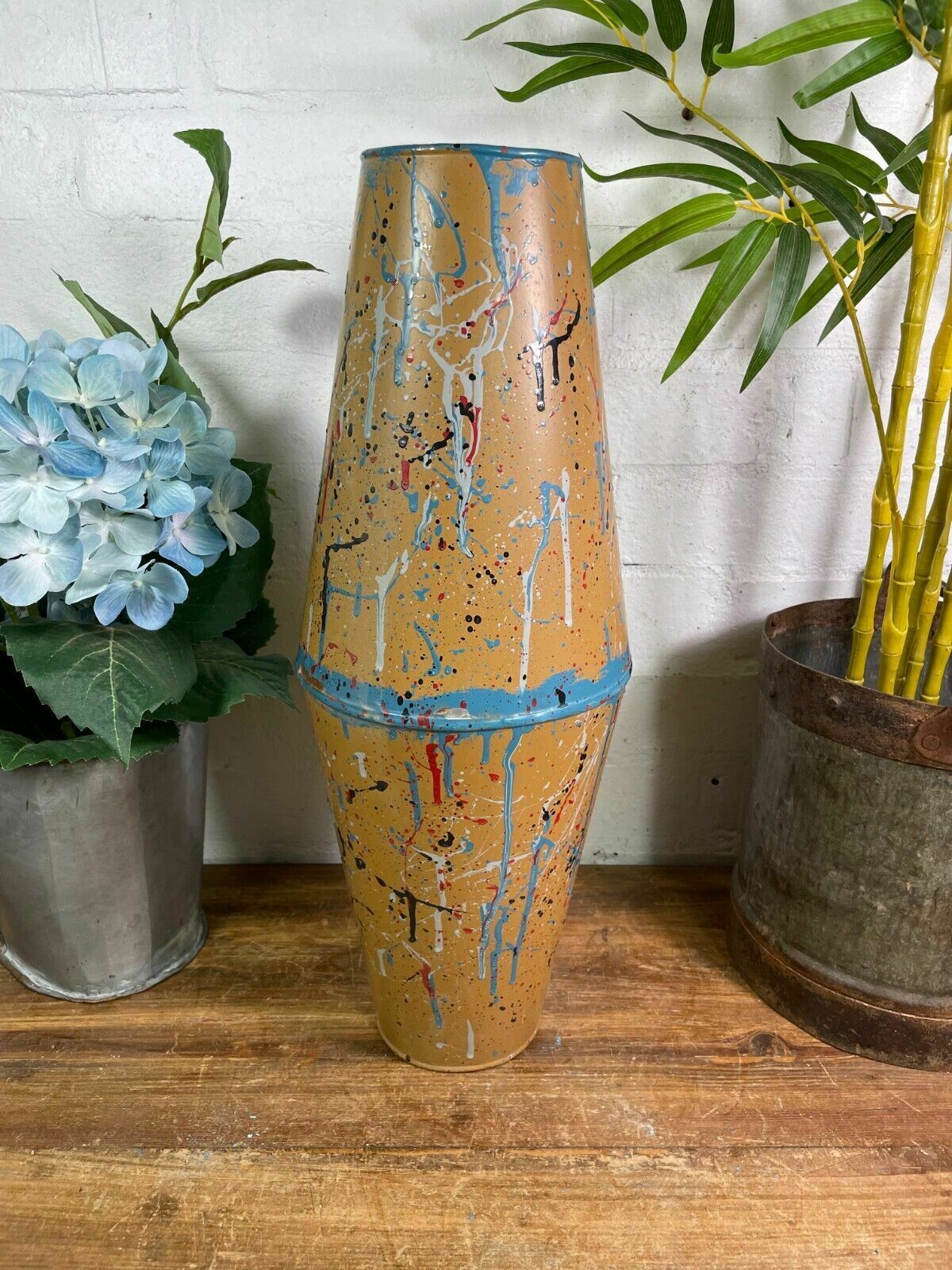 Large Vintage Hungarian Retro Mid Century Hand Painted Metal Vase photo furniture