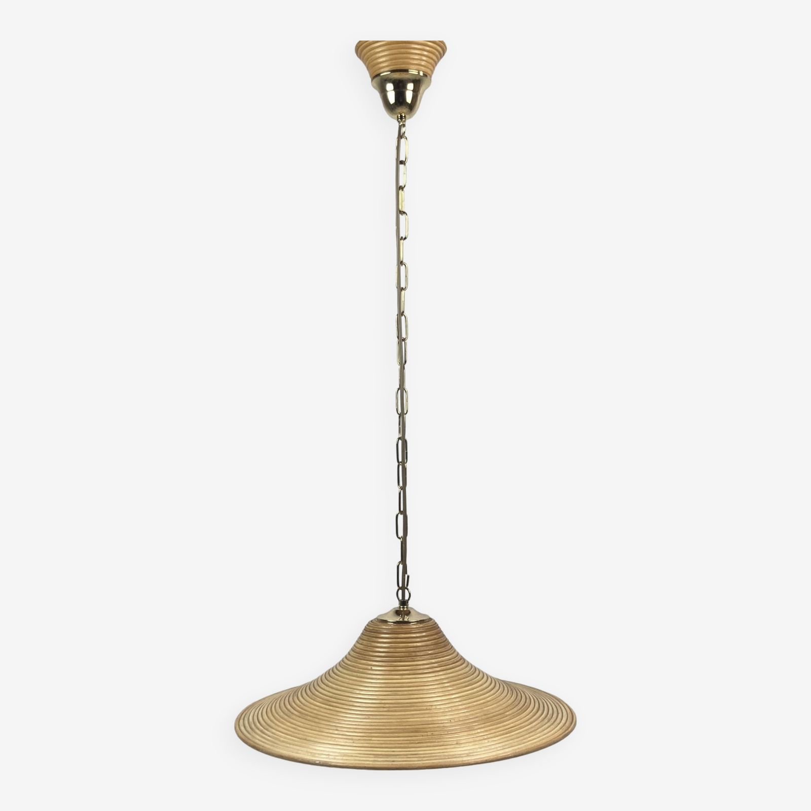 Pencil Split Reed, Rattan, Bamboo & Brass Pendant Hanging Lamp, Italy, 1970s
