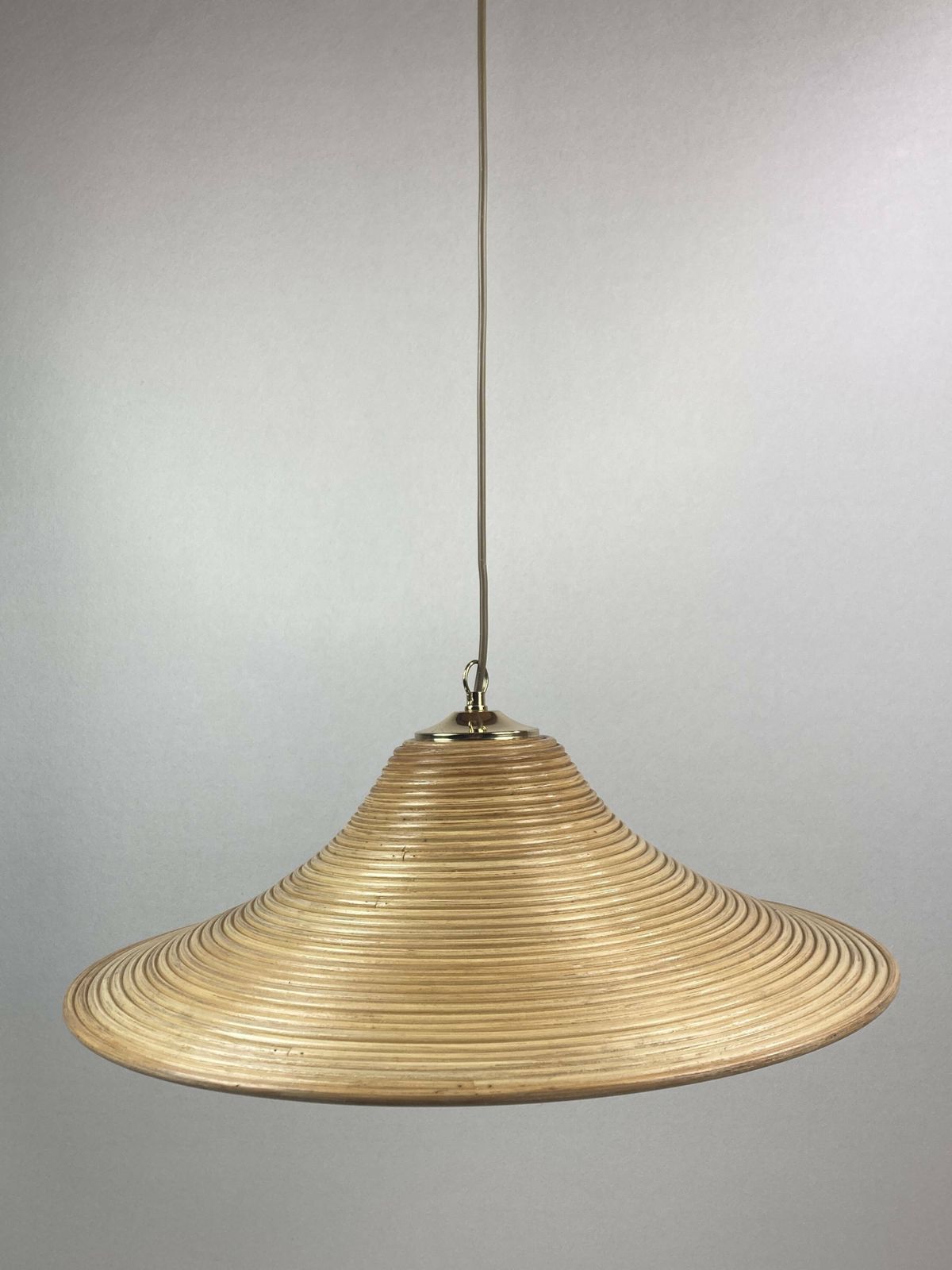 photo furniture Pencil Split Reed, Rattan, Bamboo & Brass Pendant Hanging Lamp, Italy, 1970s