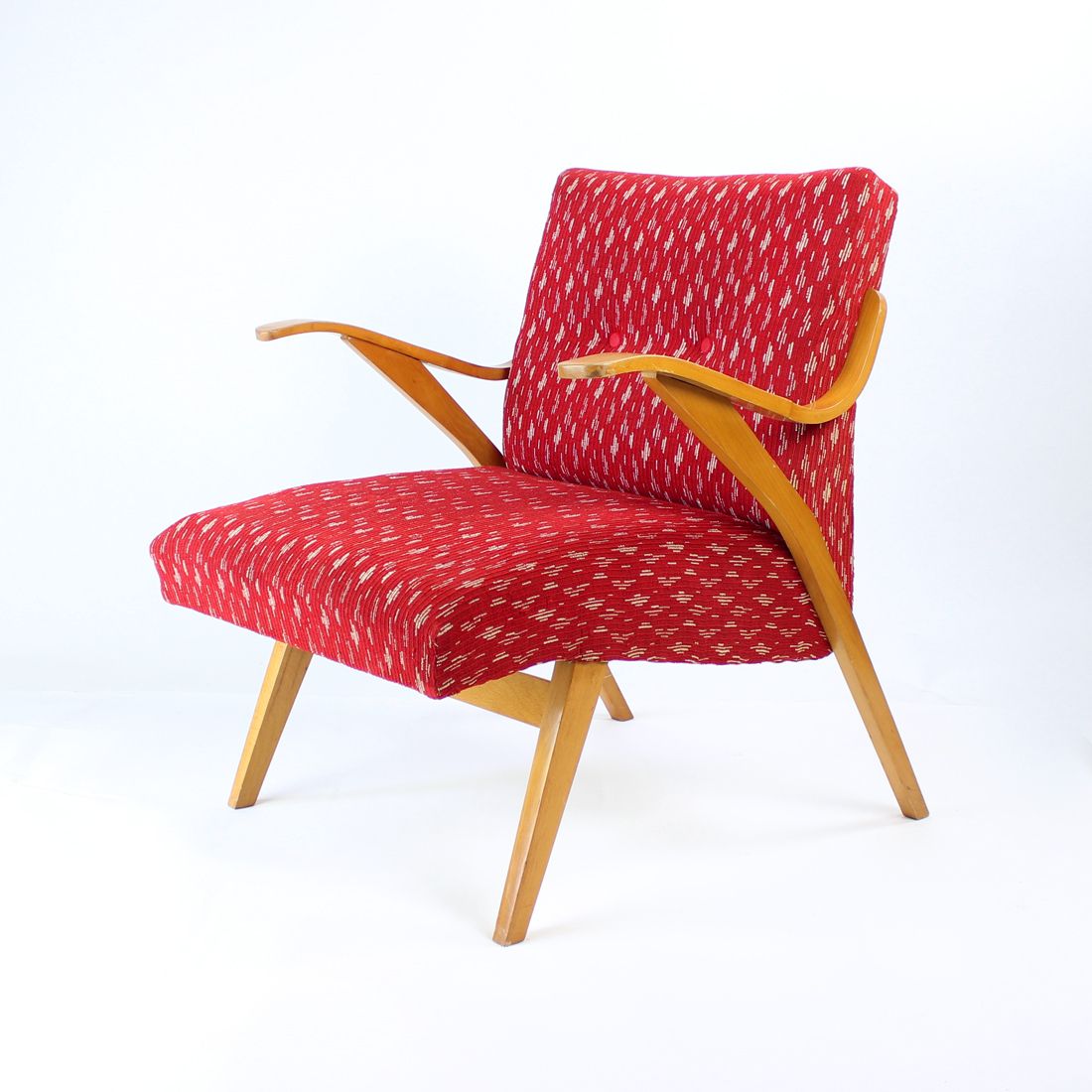 Midcentury Armchair In Original Red Fabric & Blonde Wood, Czechoslovakia 1960s photo for sale