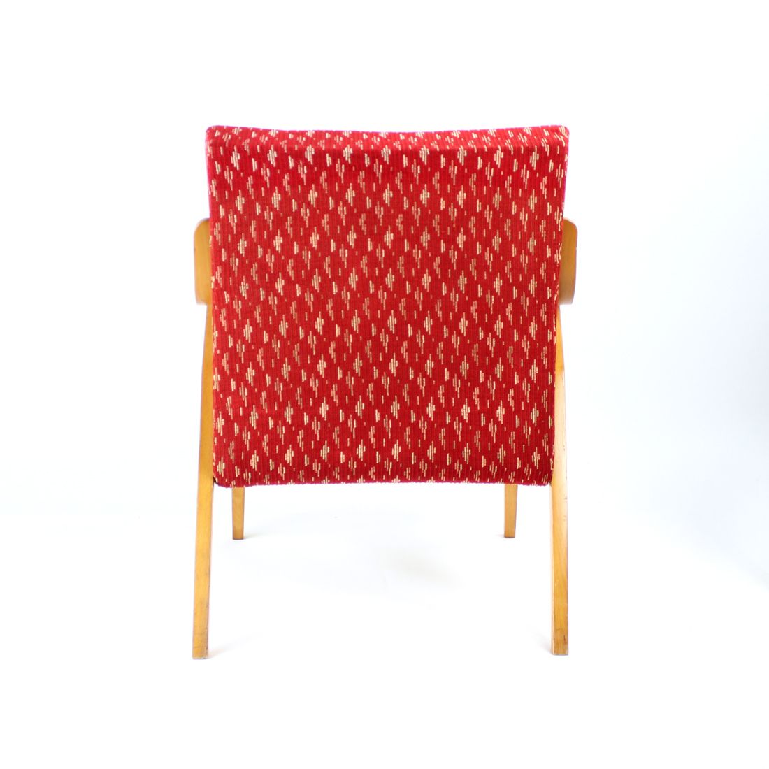 Midcentury Armchair In Original Red Fabric & Blonde Wood, Czechoslovakia 1960s photo buy