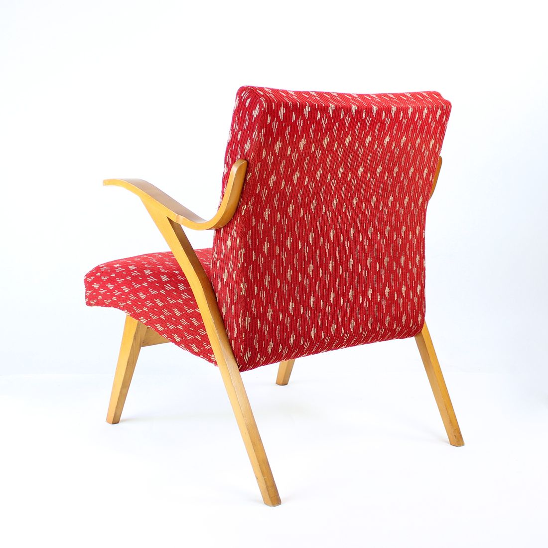 photo furniture Midcentury Armchair In Original Red Fabric & Blonde Wood, Czechoslovakia 1960s