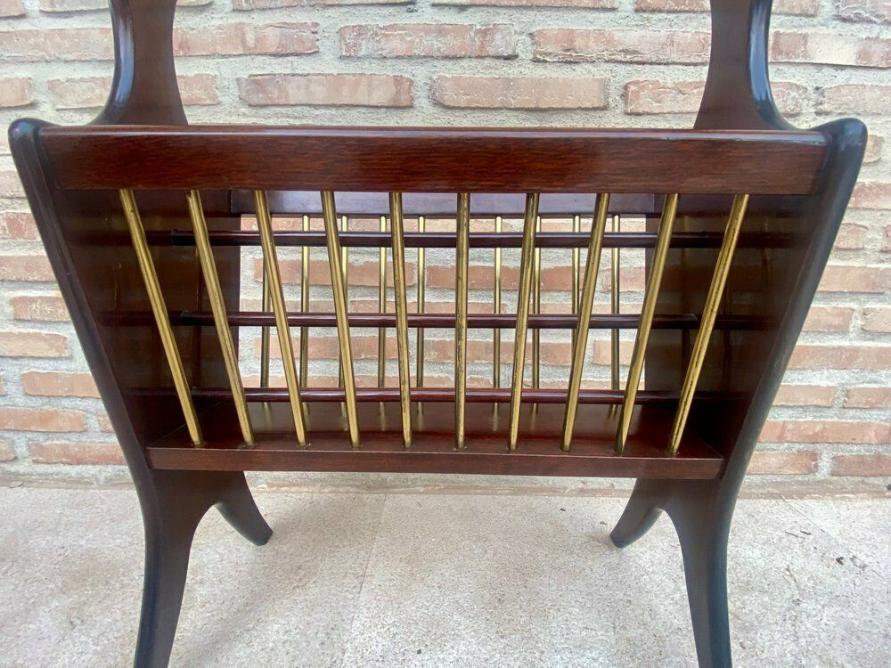 Vintage French Glass And Wood Folio Stand Magazine Rack, 1950s photo vinterior