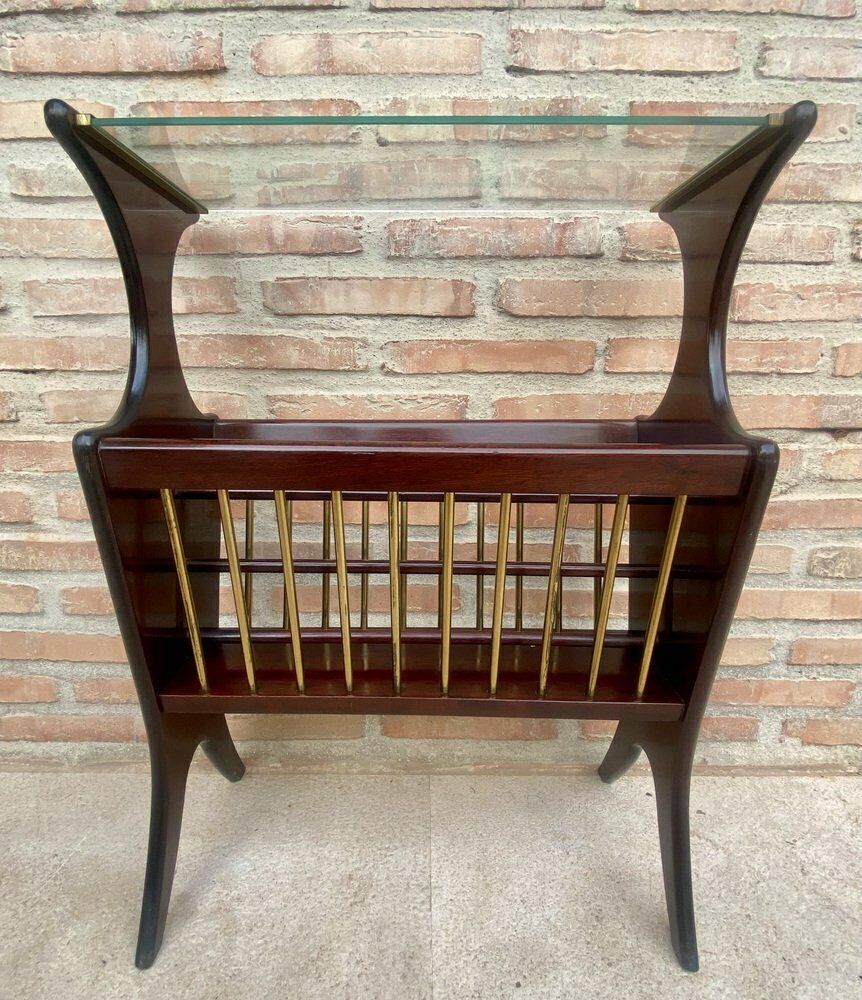 Vintage French Glass And Wood Folio Stand Magazine Rack, 1950s photo vintage