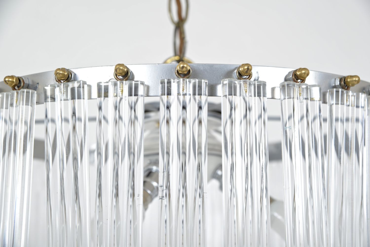 photo for sale Large 1970s American Lucite Acrylic Ribbon And Brass Chandelier Hollywood Regency