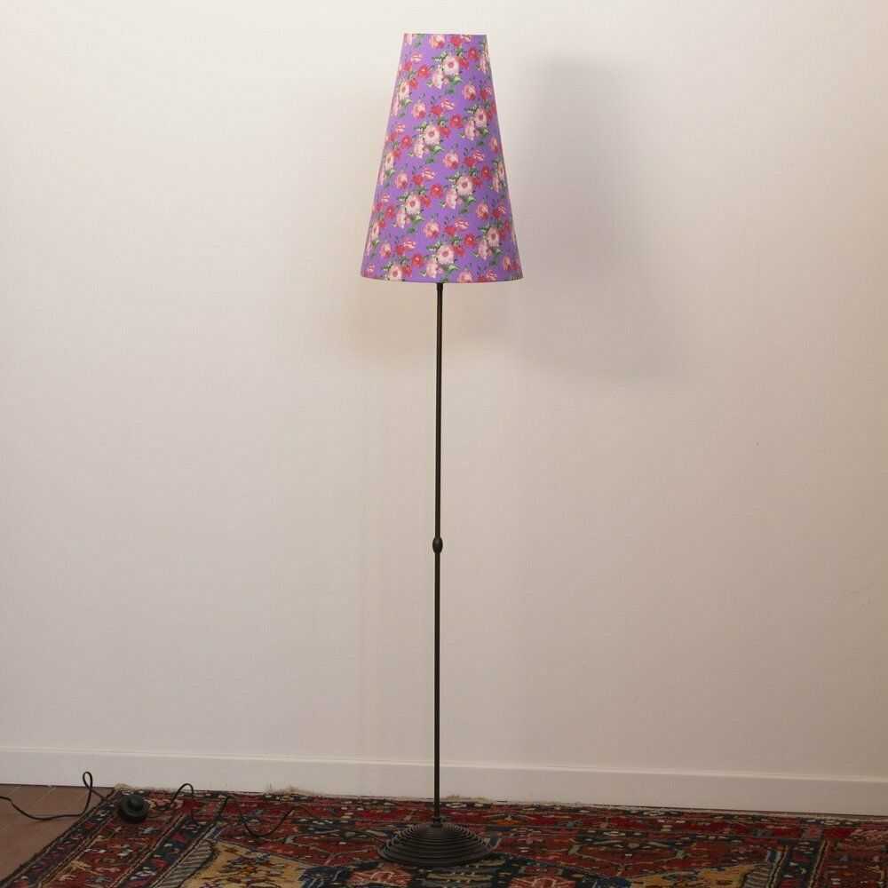photo for sale Vintage Tall Floor Lamp With Handmade Floral Purple Lampshade, Italy