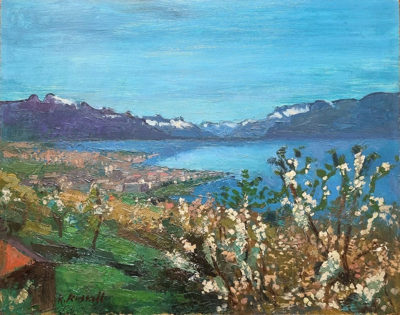 Geoffrey Robert Russell   A European Lake Scene An Original Framed Oil Painting On Board