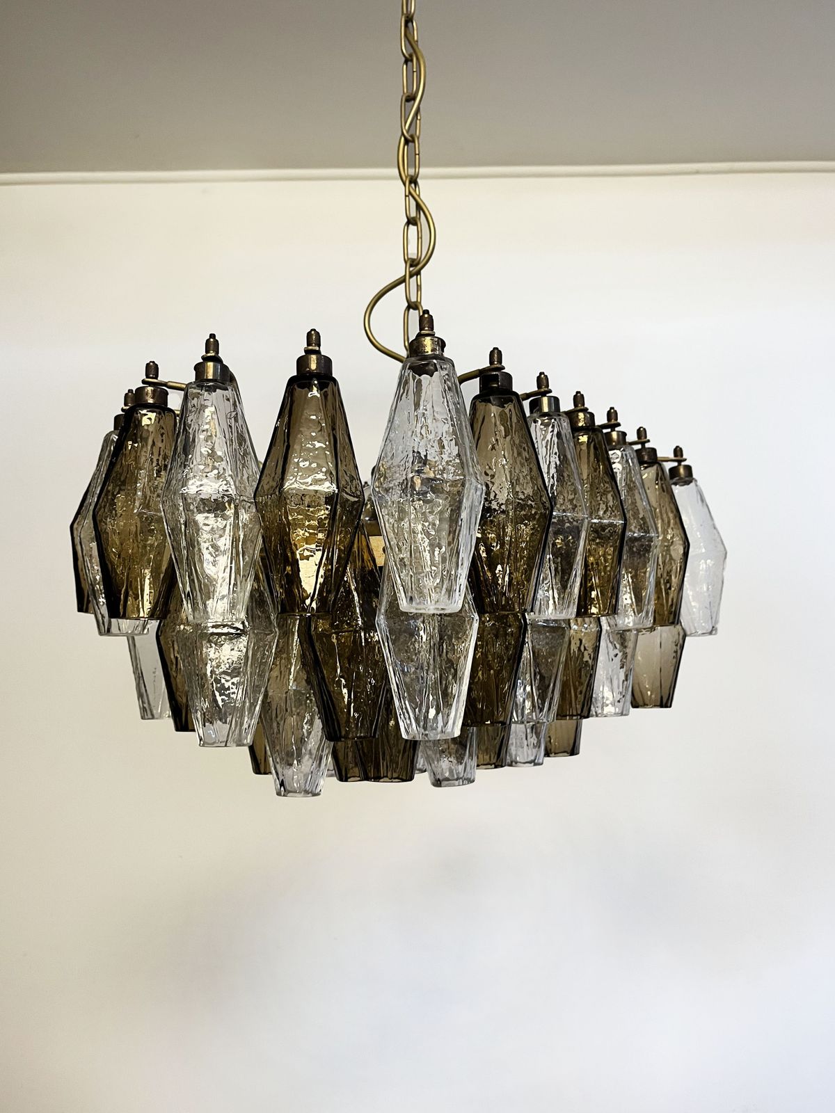 Elegant Murano Poliedri Chandelier   Carlo Scarpa   Clear And Smoked Glasses