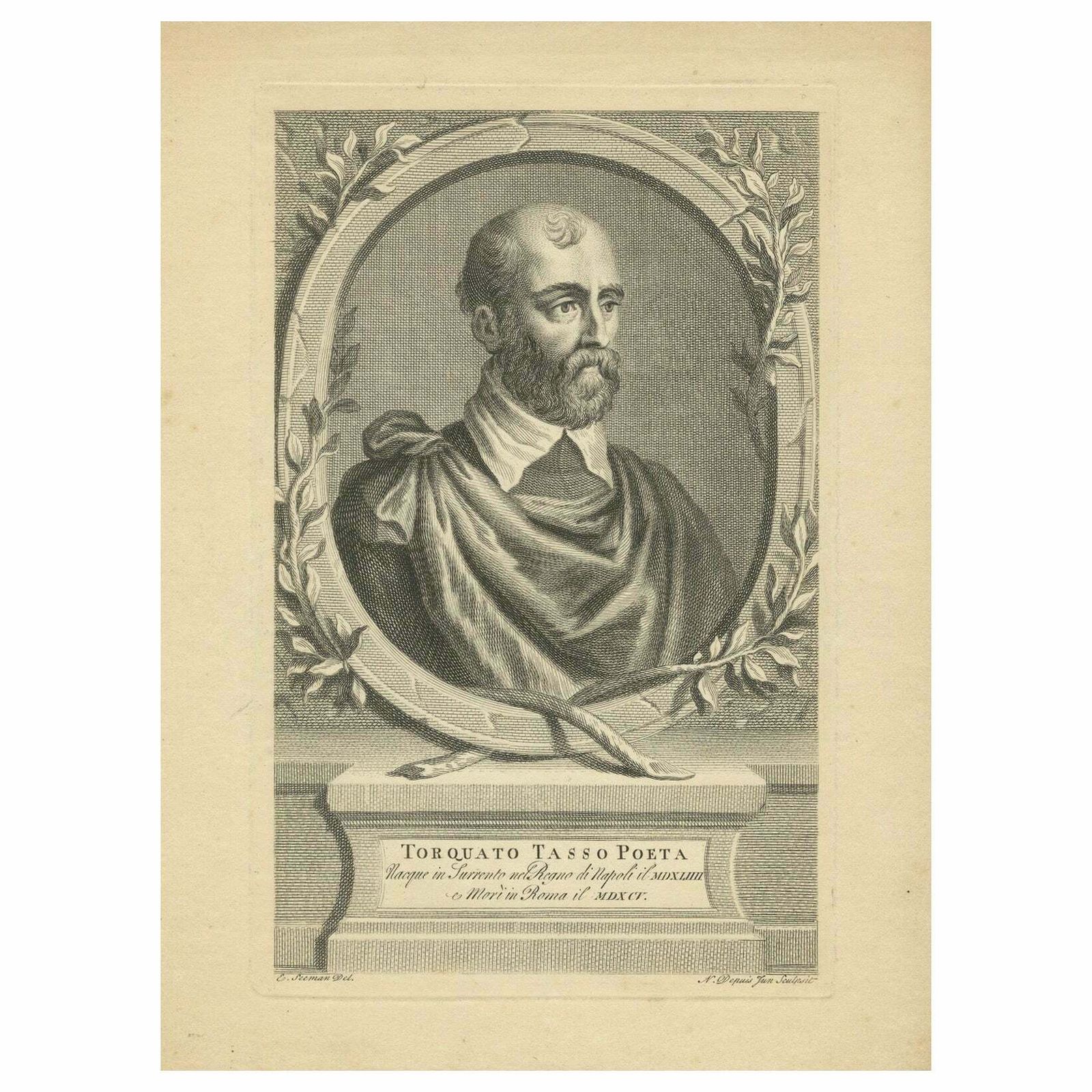 Engraving Of Torquato Tasso, Prominent Italian Poet Of The 16th Century, 1724
