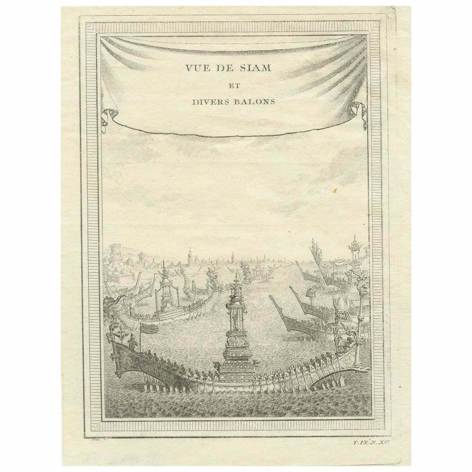 Antique Copperplate Print Of Ayutthaya, 'View Of Siam And Various Boats', 1751