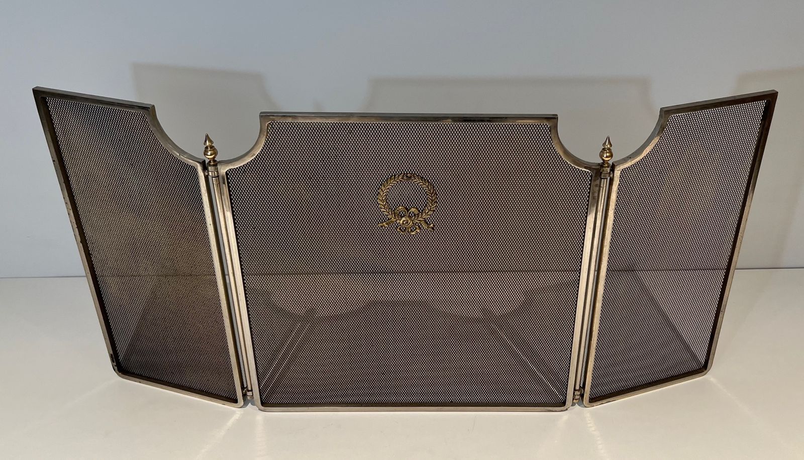photo for sale Neoclassical Style Firewall In Steel, Brass And Wire Mesh