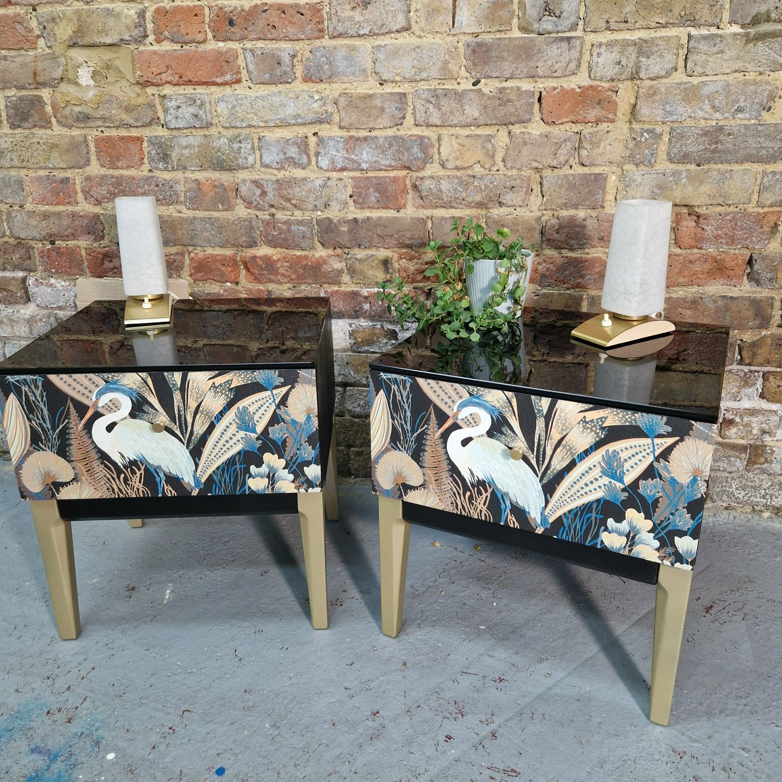 Chic Mid Century Style Bedside Tables Nightstands, Heron Pattern Design, Vintage Inspired Nightstand Set, Artisan Crafted Mid Century Tables photo 475.0