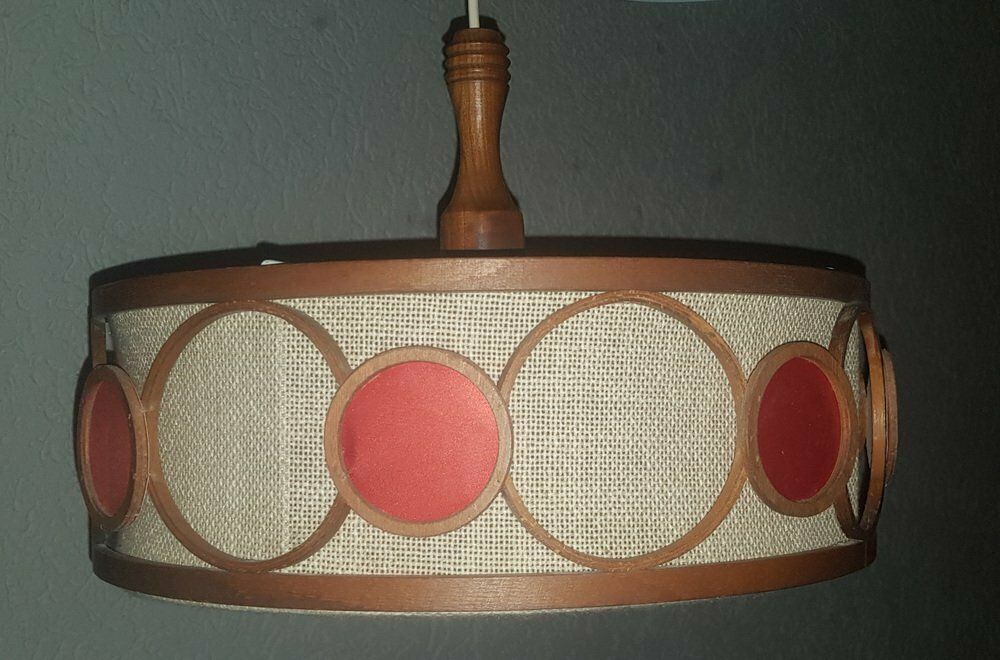 Scandinavian Mid Century Hanging Lamp Made Of Fabric And Teak