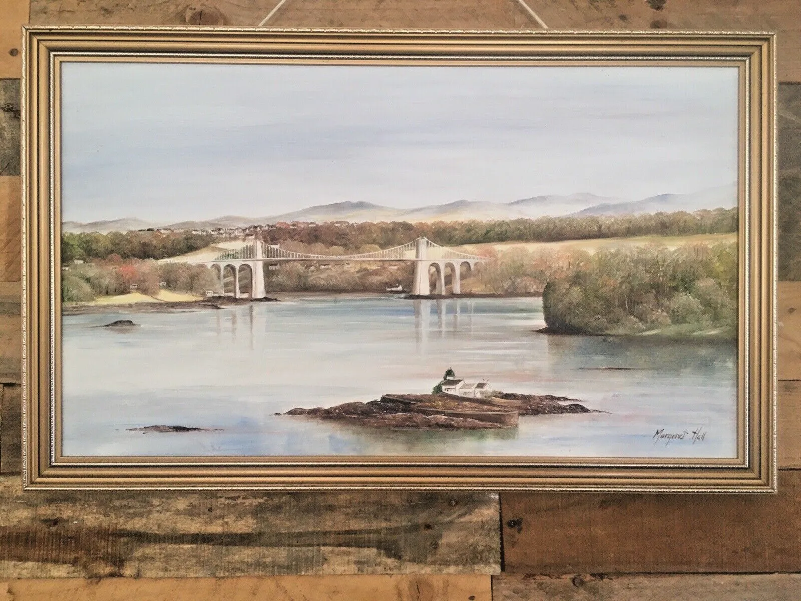 Original Margaret Hall Framed Oil Painting Menai Suspension Bridge Anglesey Snowdonia View photo vinterior