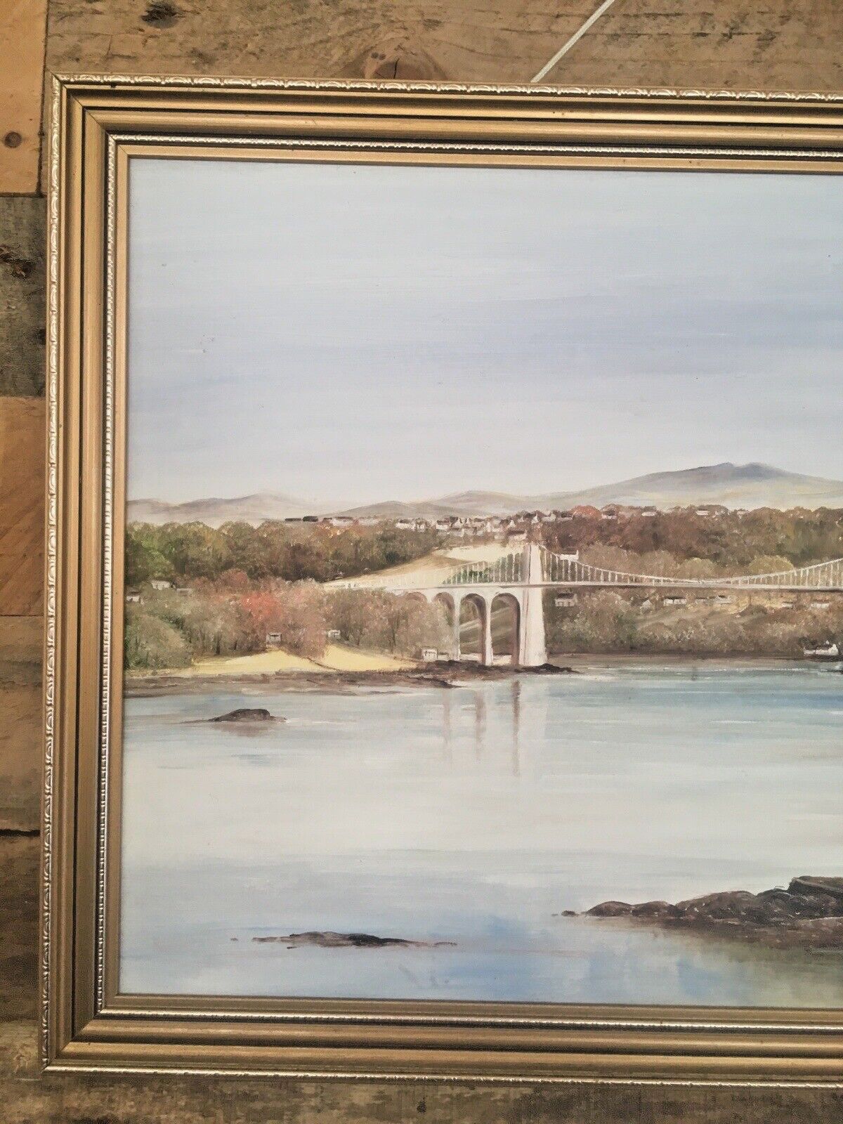 photo furniture Original Margaret Hall Framed Oil Painting Menai Suspension Bridge Anglesey Snowdonia View
