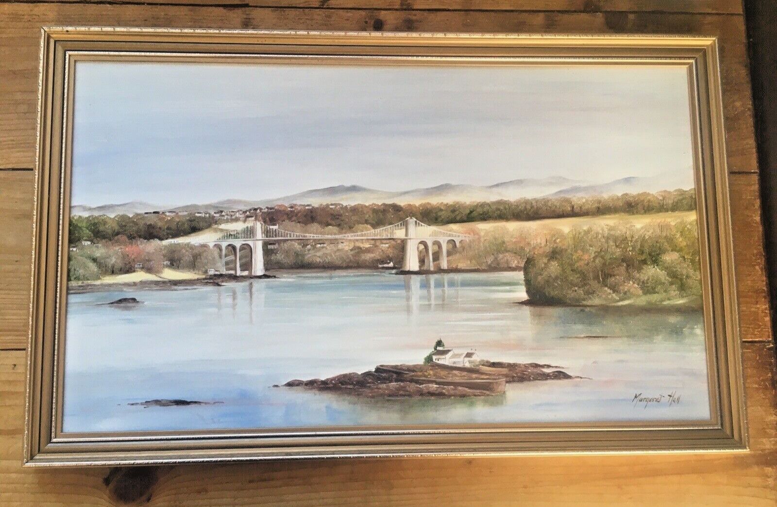 photo for sale Original Margaret Hall Framed Oil Painting Menai Suspension Bridge Anglesey Snowdonia View