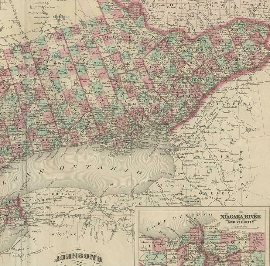 Antique Map Of Ontario With An Inset Map Of The Niagara River By Johnson, 1872 photo Art