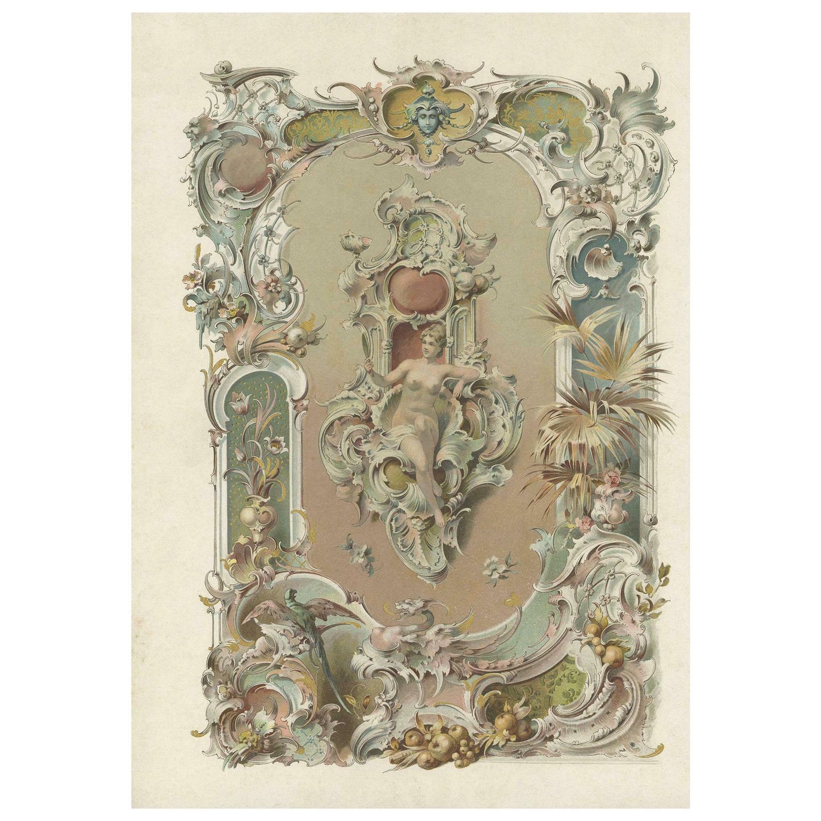Antique Print Woman With Mirror, Circa 1900