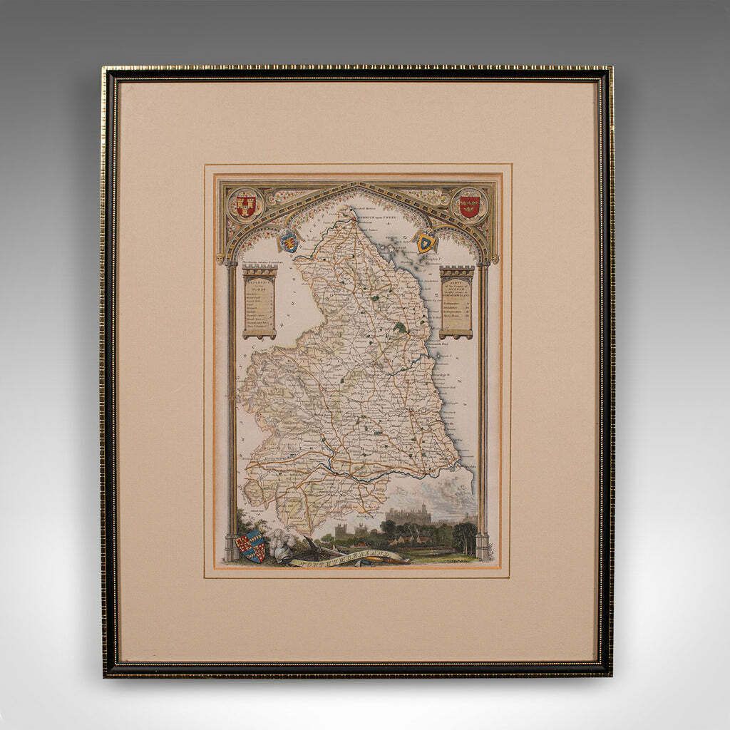 Antique Lithography Map, Northumberland, English, Framed, Engraving, Cartography photo furniture