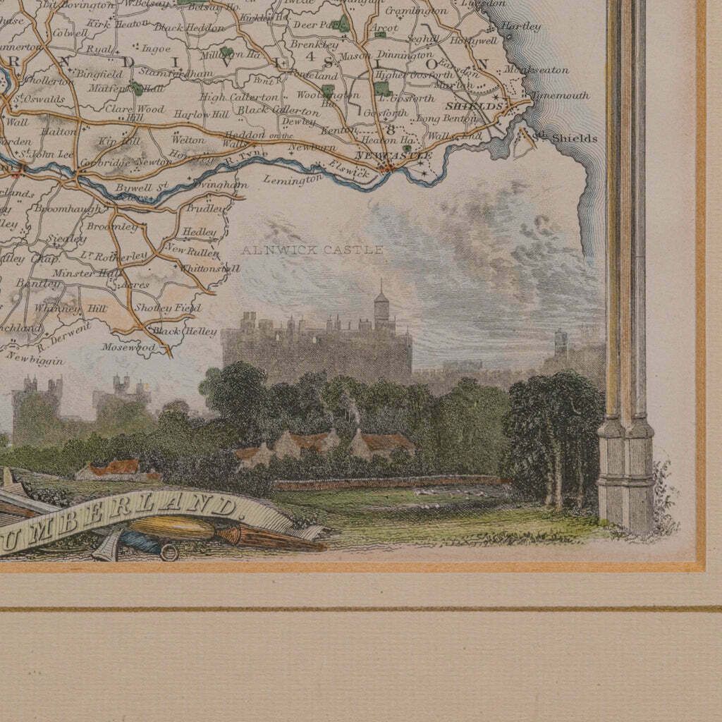 Antique Lithography Map, Northumberland, English, Framed, Engraving, Cartography photo vintage