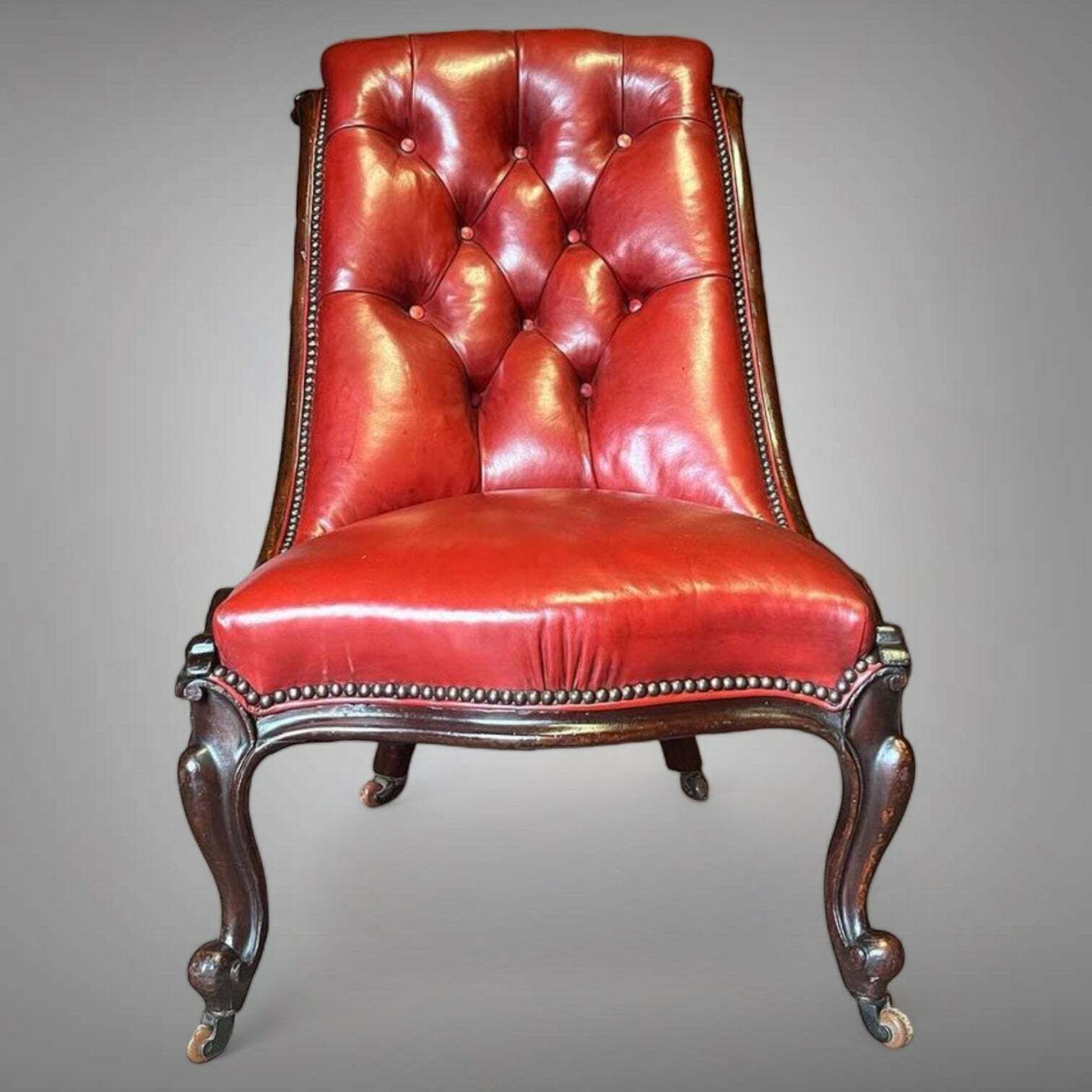 Beautiful Antique Aged Leather Gillows Slipper Chair Exceptional Quality & Form With Hand Carved Mahogany Frame 1880 photo for sale