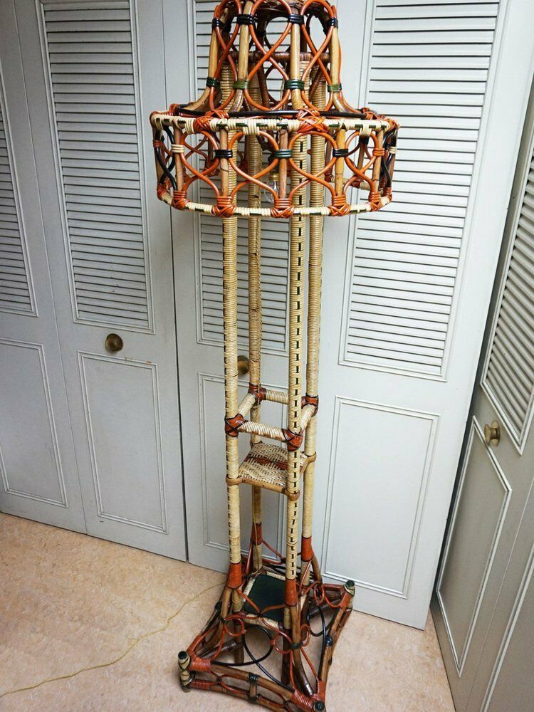Art Nouveau Rattan Wicker Floor Lamp, 1890s photo for sale