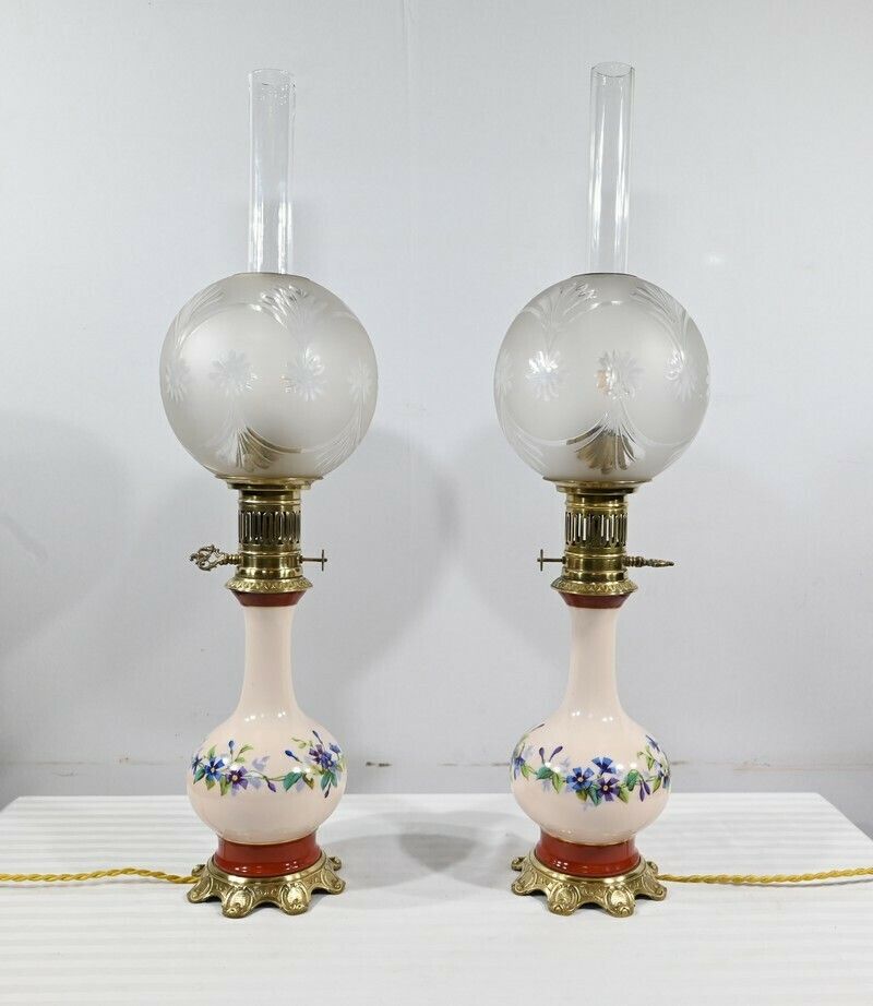 Pair Of Porcelain Oil Lamps, Electrified,  Late 19th Century