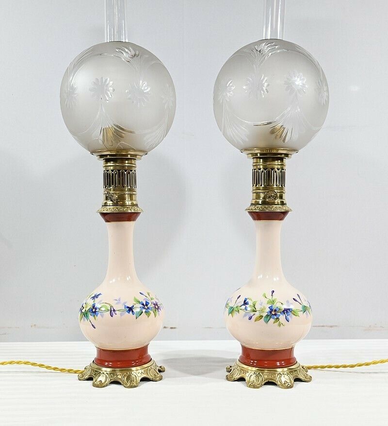 Lighting Pair Of Porcelain Oil Lamps, Electrified,  Late 19th Century photo