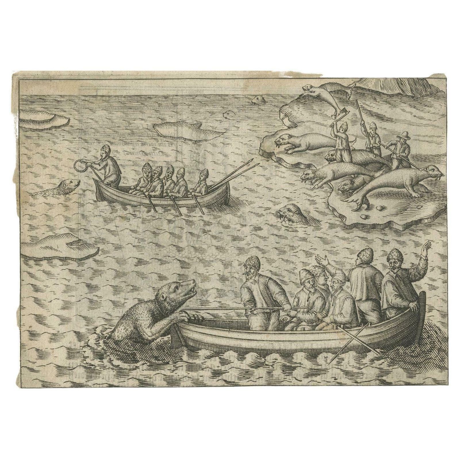 Rare Map Of Kildin Island In Russia Plus Engraving Of Seal Hunting, 1614 photo for sale
