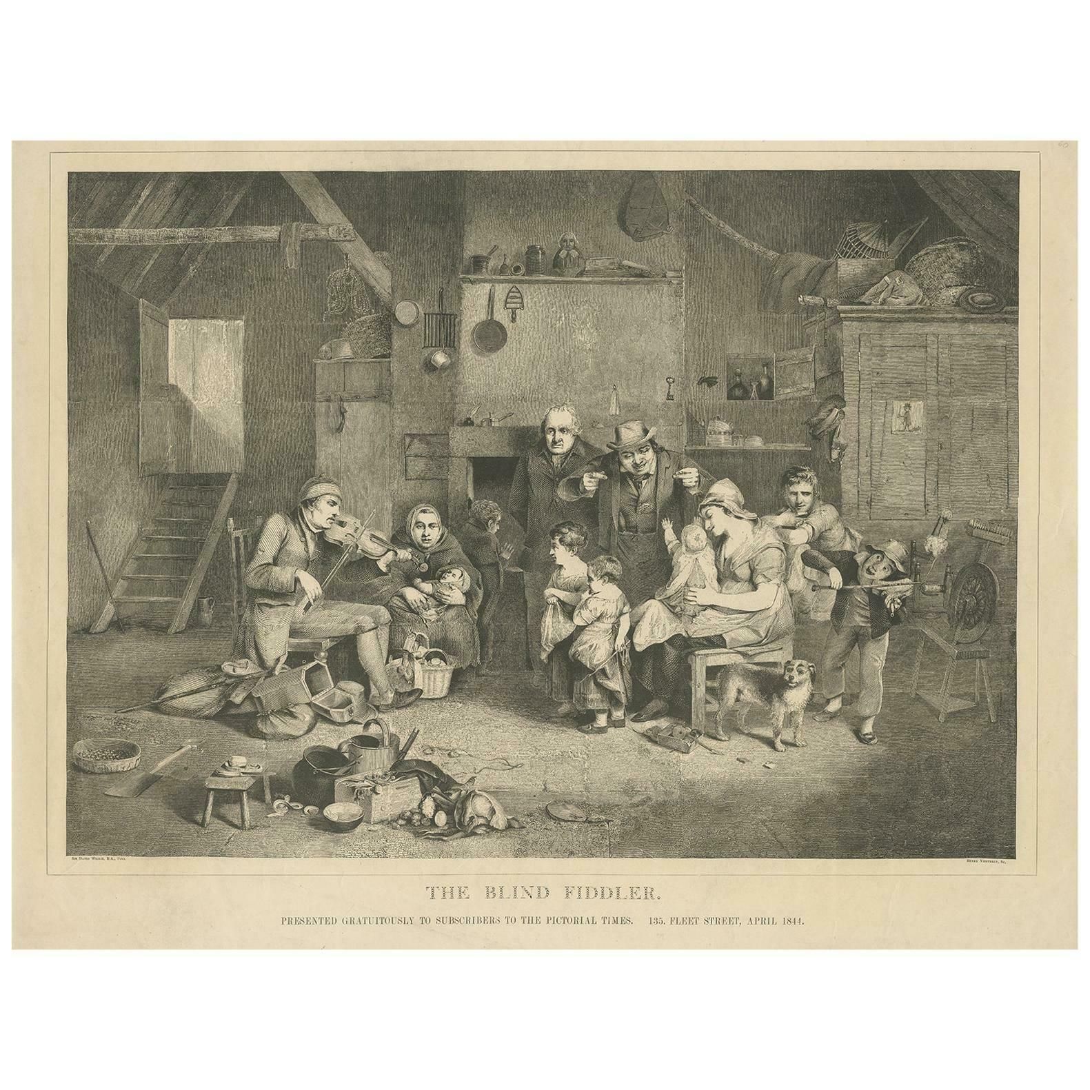 Antique Print Of 'The Blind Fiddler' By Vizetelly, '1844'
