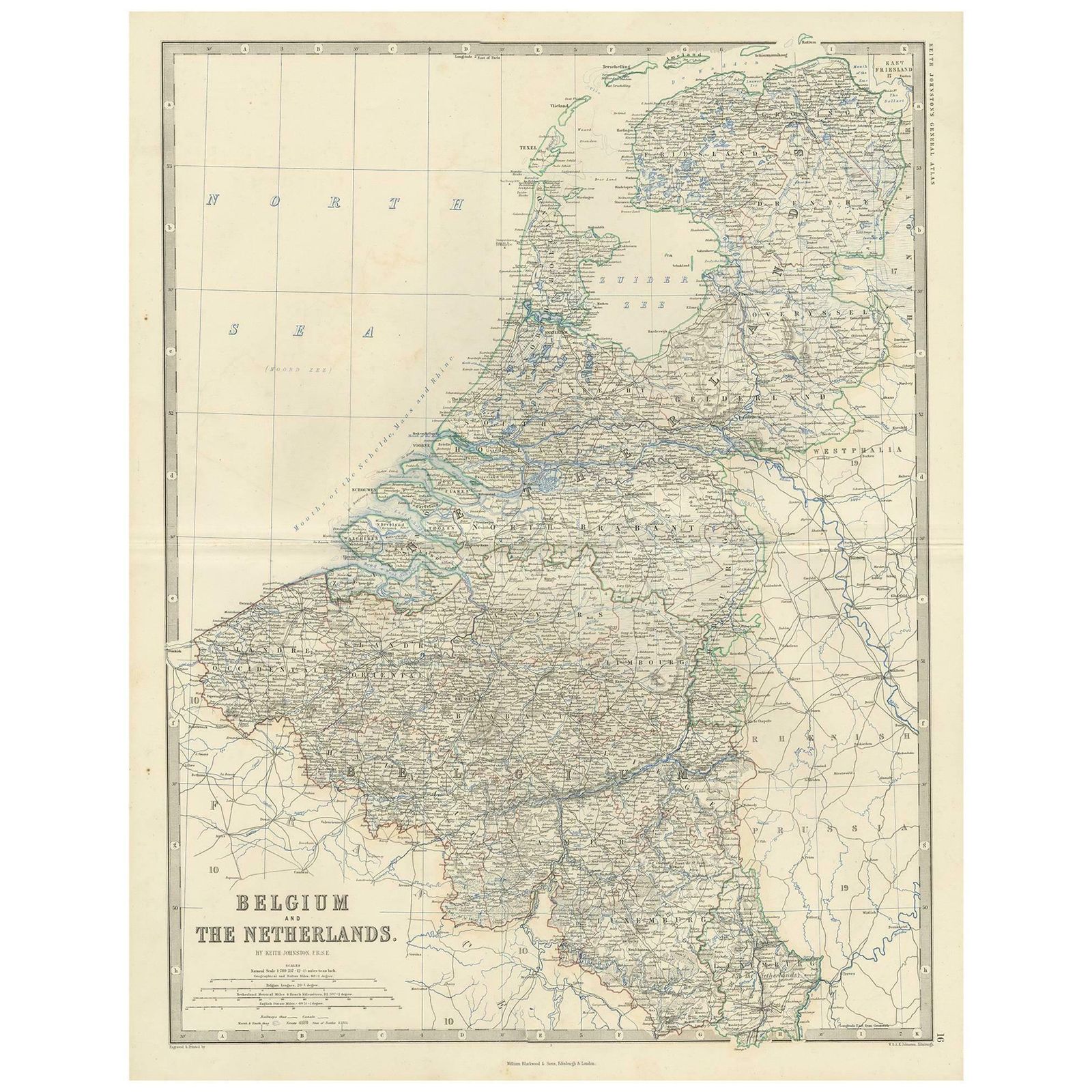 Antique Map Of Belgium And The Netherlands By A.K. Johnston, 1865
