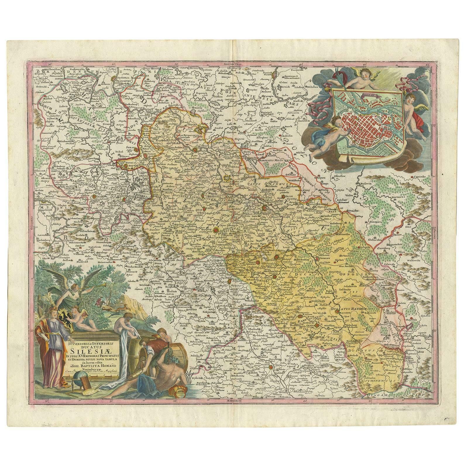 Antique Map Of Silesia, Southwest Poland And A City View Of Wroclaw, C 1720