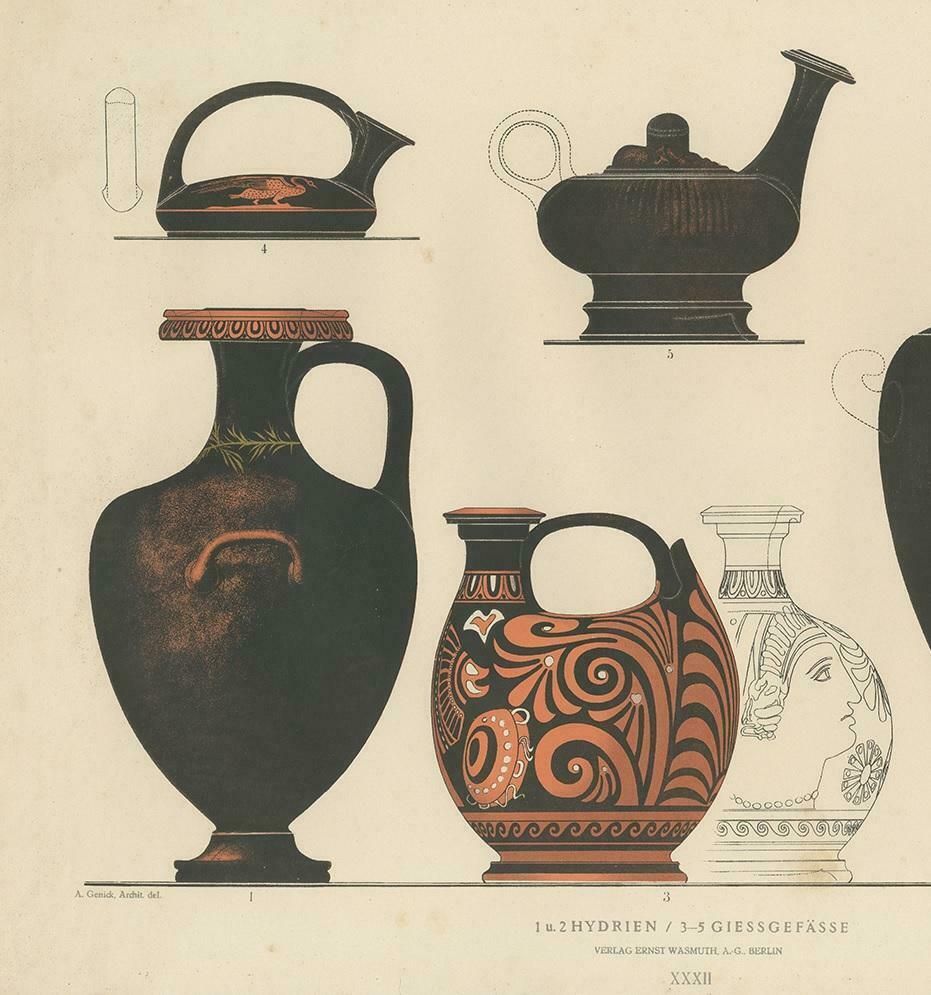 Antique Print Of Greek Ceramics 'Hydrien / Giessgefässe' By Genick '1883' photo furniture