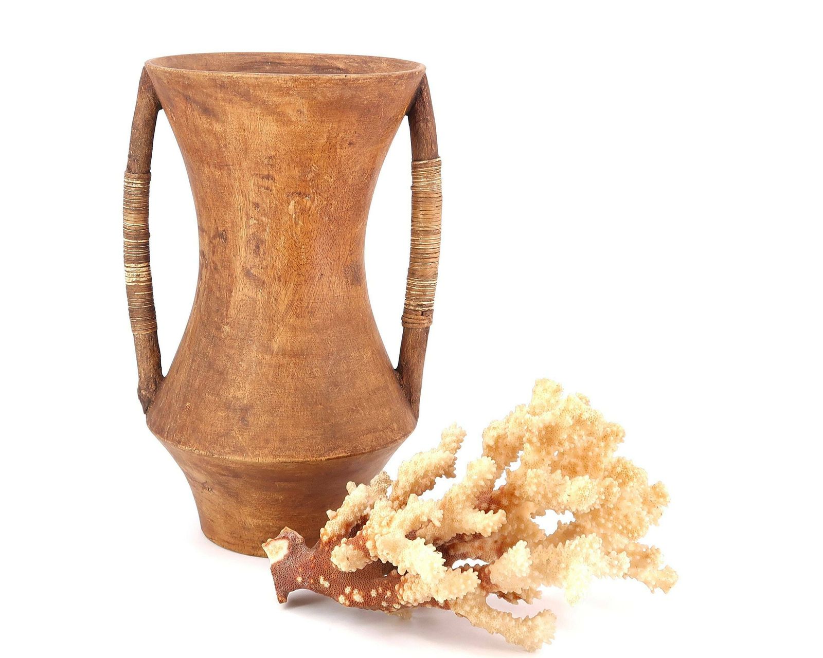 photo furniture Huge Wooden Vase With Handles Covered With Wicker, 1970s / Jar, Boho Chic, Bohemian, Folk Art, Pot, Wood